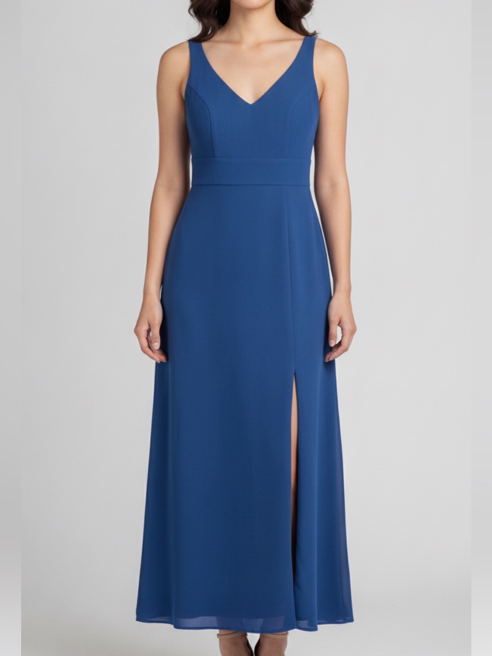 After Six Gown Womens Sz 14 Blue Crepe Chiffon Thigh High Slit Formal **READ***